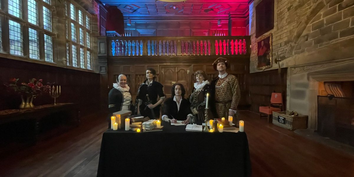 Actors stood in the Banqueting Hall at Hoghton Tower dressed in Shakespearian outfits for the Shakespeare's Starcrossed event