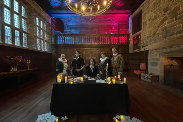 Actors stood in the Banqueting Hall at Hoghton Tower dressed in Shakespearian outfits for the Shakespeare's Starcrossed event