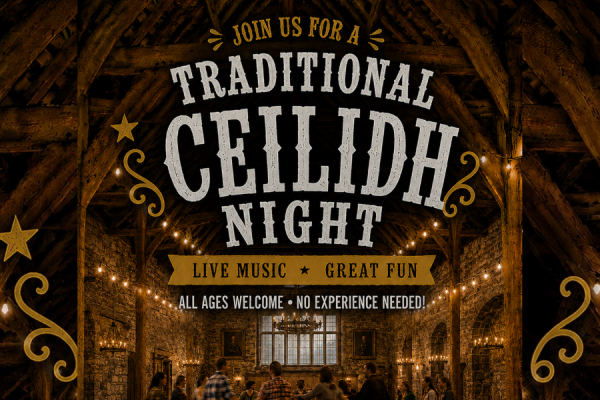 Image of people dancing in the Banqueting Hall advertising a Traditional Ceilidh, Barn Dance