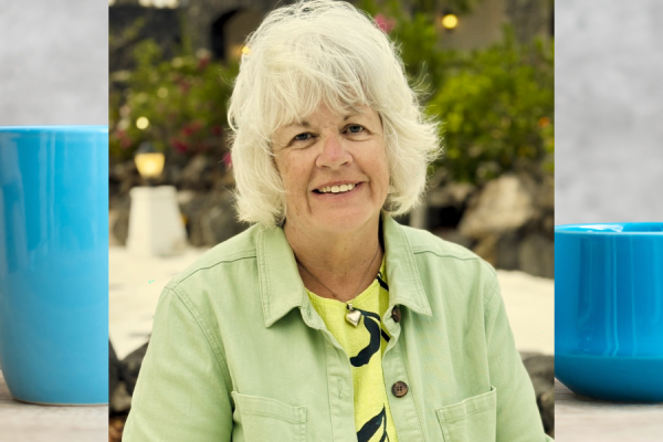 Banner displaying two teacups in the background with a picture of Debbie Pope local historian at the front.
