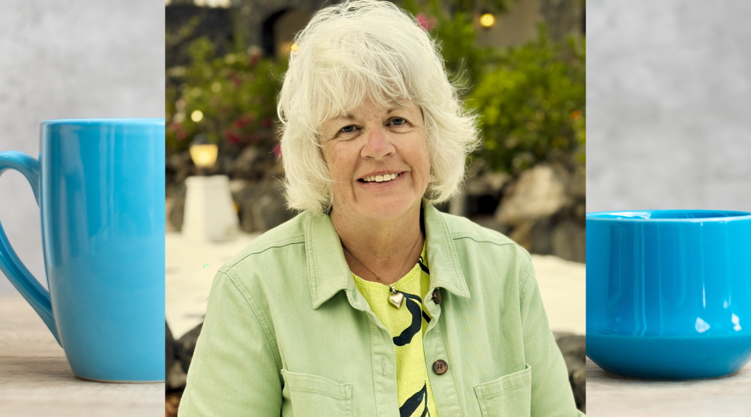 Banner displaying two teacups in the background with a picture of Debbie Pope local historian at the front.