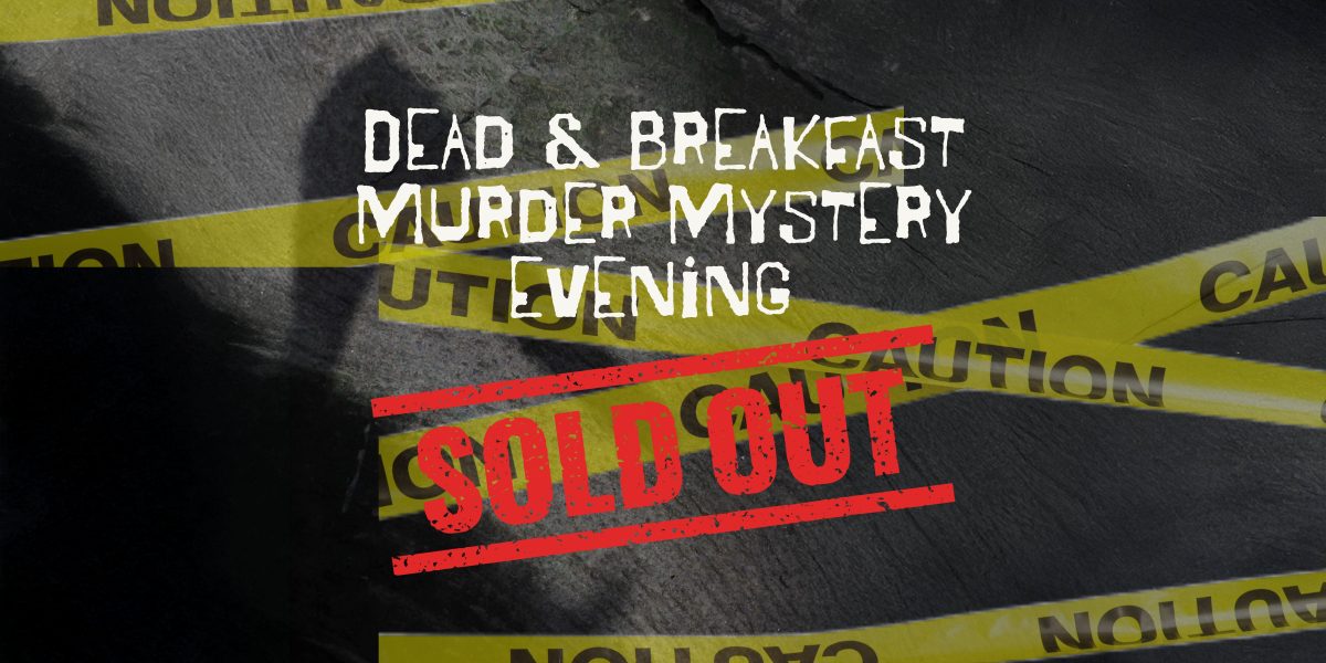 Dark background with yellow caution tape and title of the event in white and sold out banner in red.