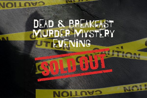 Dark background with yellow caution tape and title of the event in white and sold out banner in red.