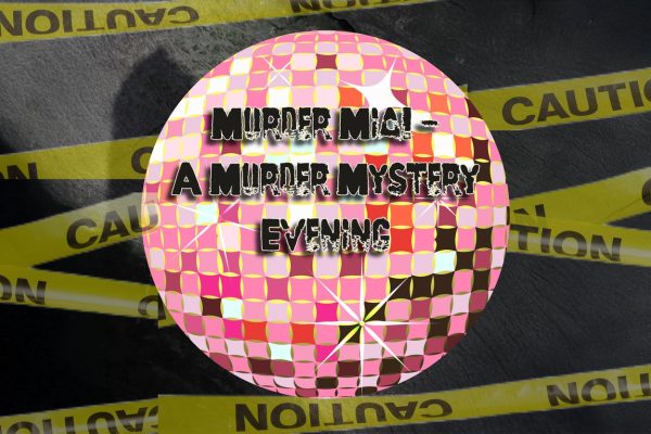 Dark background with yellow caution tape and title of the event in black on a disco ball.