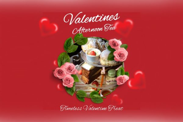 Red banner with love hearts and an image of afternoon tea surrounded by a banner of roses