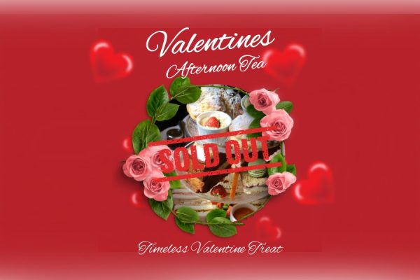 Red banner with love hearts and an image of afternoon tea surrounded by a banner of roses and sold out sign