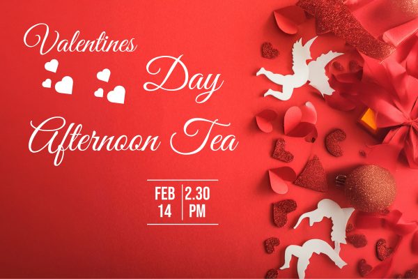 Red banner with white cupid and red heart cuts out displaying the white font saying valentines afternoon tea with the date and time.