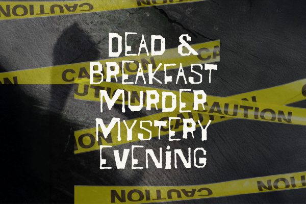 Dark background with yellow caution tape and title of the event in white