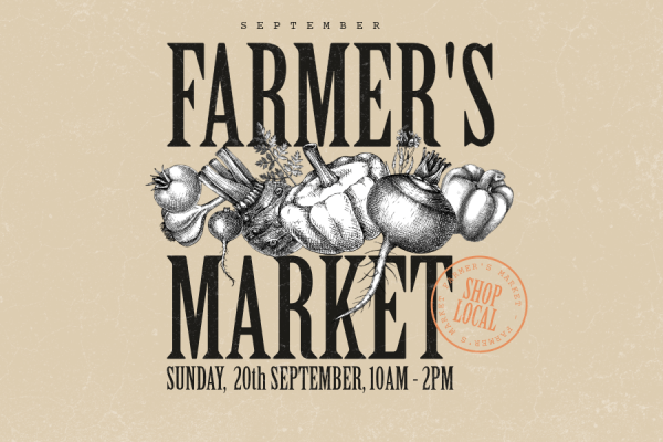 Banner with vegetables and a beige background, saying the April Farmers Market, Sunday 20th September, 10am - 2pm.