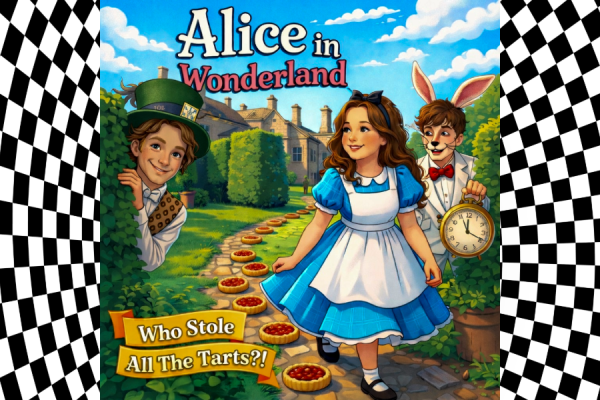 Caricature of Alice In Wonderland and the Mad Hatter in the gardens of Hoghton Tower set to a check black and white diamond background.