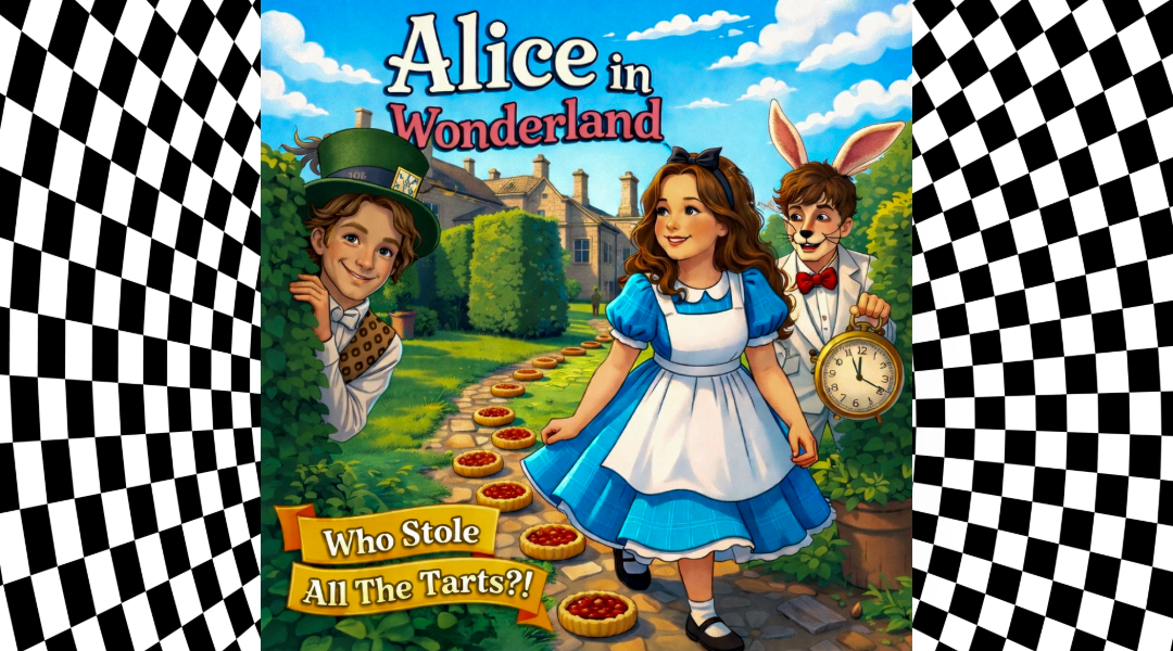 Adventures In Wonderland Caricature of Alice In Wonderland and the Mad Hatter in the gardens of Hoghton Tower set to a check black and white diamond background.