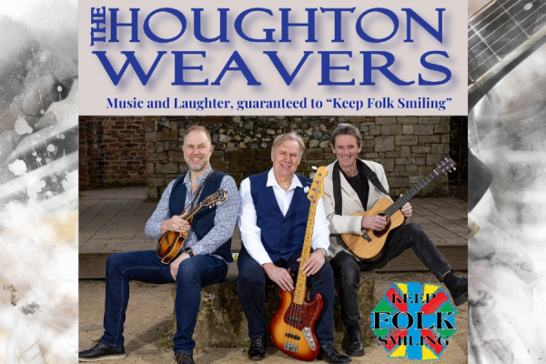 Image with the band Houghton Weavers with their instruments displaying their logo and Keep Folk Smiling. Background is of an artistic guitar.