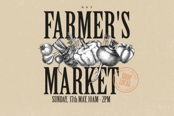 Banner with vegetables and a beige background, saying the April Farmers Market, Sunday 17th, 10am - 2pm.
