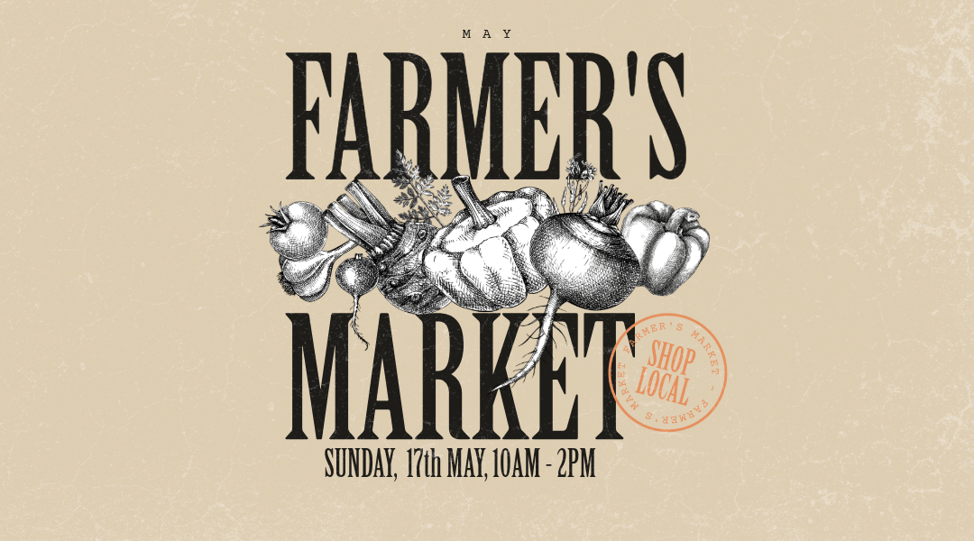 Banner with vegetables and a beige background, saying the April Farmers Market, Sunday 17th, 10am - 2pm.