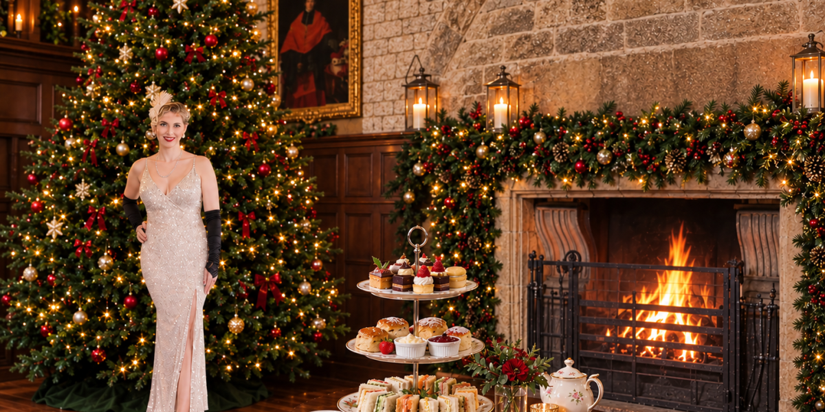 Poppy Holiday a 1920s singer stood in front of the Christmas Tree in the Banqueting Hall by the fire with a festive afternoon tea in front of her