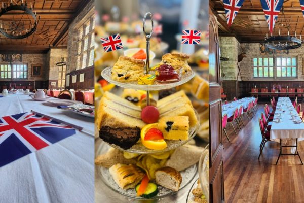 Afternoon Tea Tower with cakes and sandwiches with Union Jacks celebrating VE Day as well as the Banqueting Hall dressed for VE Day celebrations.