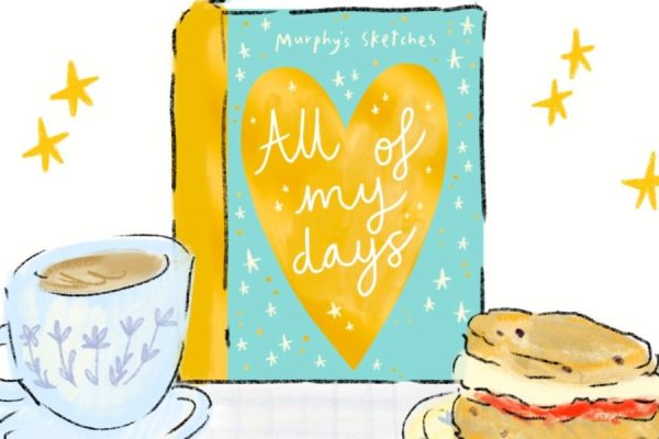 Book with cream tea in a carton style.