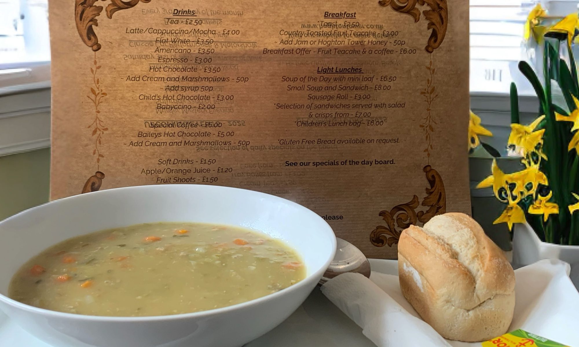 Homemade seasonal soup served with crusty bread at the Hoghton Tower Tearoom in Lancashire.