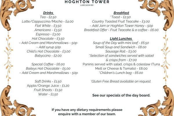 Hoghton Tower Tearoom menu featuring traditional British dishes, homemade cakes, and afternoon tea options