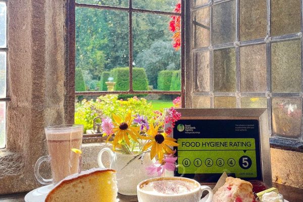 Cakes and coffee by the window at Hoghton Tower Tearoom, overlooking the peaceful gardens.