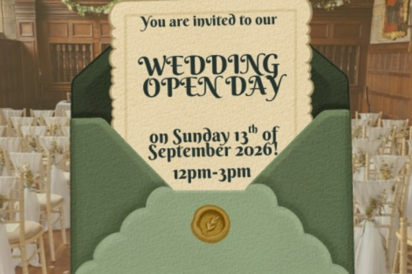 Image of an invitation to the wedding open day with the Banqueting Hall in the background dressed for a wedding.