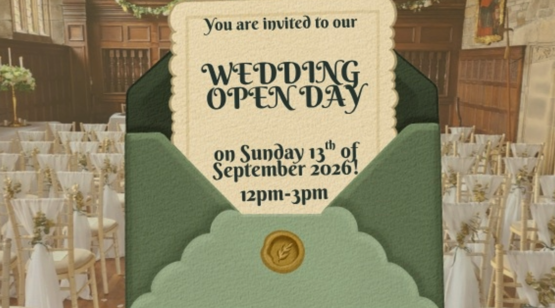 Wedding Open Day Image of an invitation to the wedding open day with the Banqueting Hall in the background dressed for a wedding.