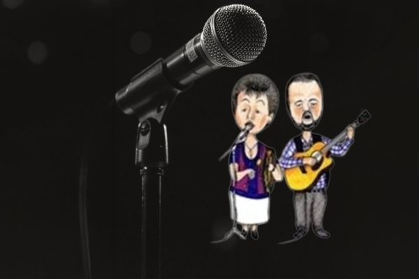 Black banner with caricatures of Lancashire famous duo band, Trouble At Mill.