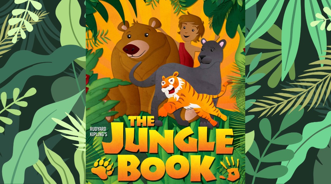 Jungle leaves with the Jungle Book characters in the middle and play title