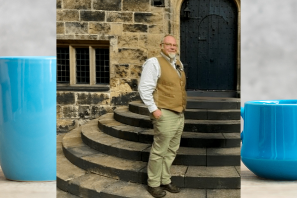 Banner displaying two teacups in the background with a picture of Keith Stephenson local historian at the front.