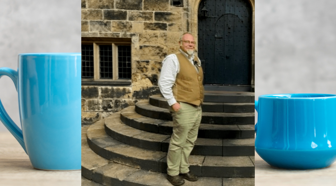 Banner displaying two teacups in the background with a picture of Keith Stephenson local historian at the front.