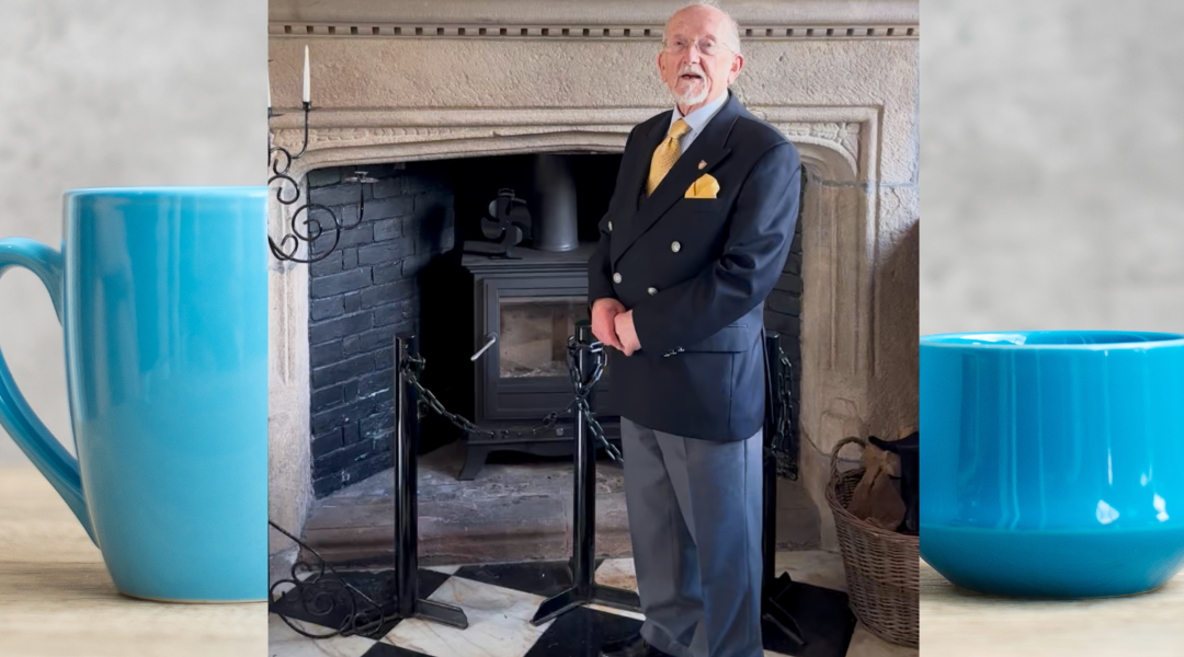 Banner displaying two teacups in the background with a picture of John Ball local historian at the front.