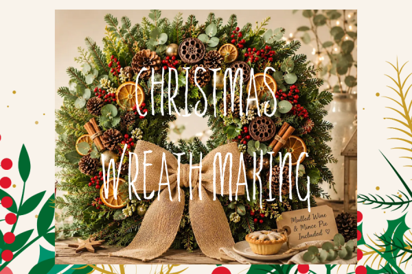 Banner with Holly and Ivy in the background and a Christmas wreath and mince pie to the front displaying Christmas Wreath Making text.
