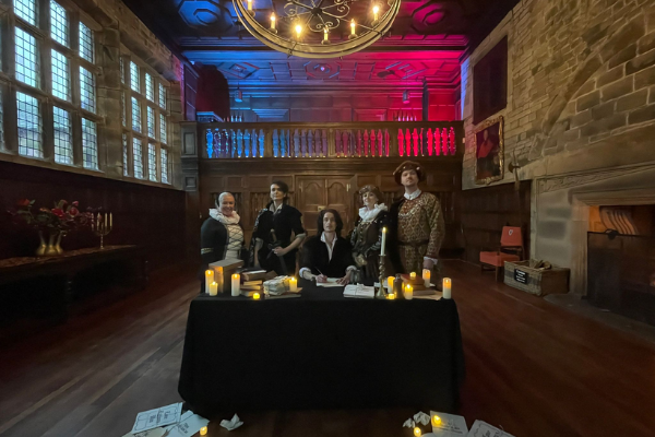 Actors stood in the Banqueting Hall at Hoghton Tower dressed in Shakespearian outfits for the Shakespeare's Starcrossed event.